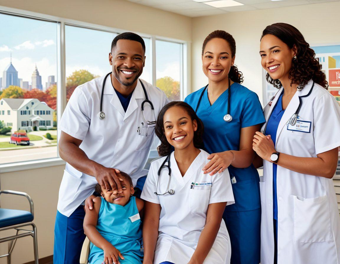 A warm, inviting family clinic with a diverse group of smiling healthcare professionals warmly greeting a family of four. The scene incorporates elements of New Jersey's landmarks in the background, with vivid posters and brochures about family care services. The overall atmosphere should be welcoming, uplifting, and supportive, representing high-quality health services. super-realistic. vibrant colors. white background.