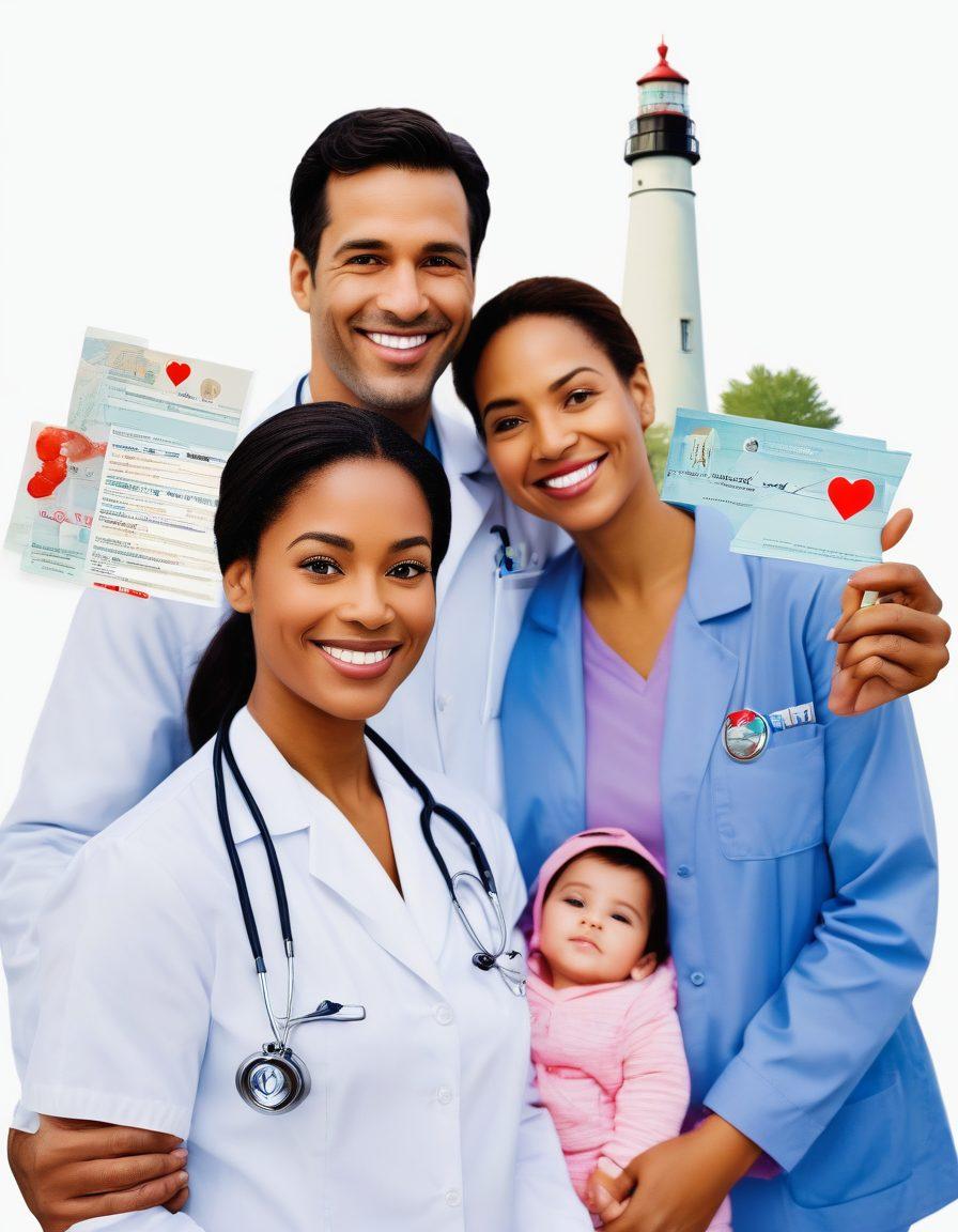 An image of a diverse New Jersey family, smiling and radiating happiness, with a backdrop that includes symbolic representations of health coverage such as a medical card, a heart with a heartbeat graph, and a doctor smiling reassuringly. The background subtly includes New Jersey's landmarks like the Liberty State Park and the Cape May Lighthouse. super-realistic. vibrant colors. white background.
