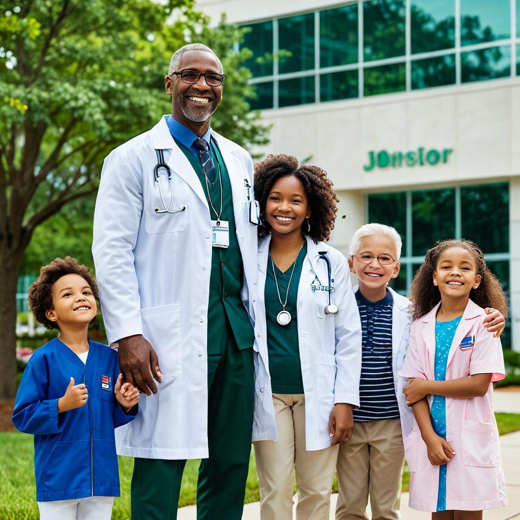 A heartwarming scene of a diverse family with children and grandparents smiling outside a modern medical facility. Include a doctor in a white coat interacting joyfully with the family. Surround the scene with lush green trees and a New Jersey flag subtly visible in the background. super-realistic. vibrant colors.